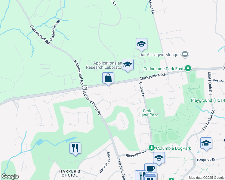 map of restaurants, bars, coffee shops, grocery stores, and more near 11025 Gaither Hunt Lane in Columbia