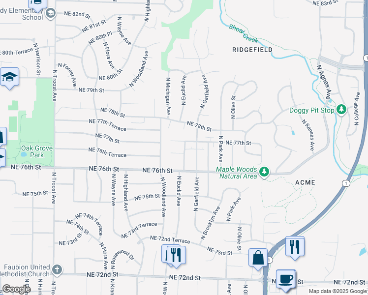 map of restaurants, bars, coffee shops, grocery stores, and more near 1650 North Euclid Avenue in Gladstone