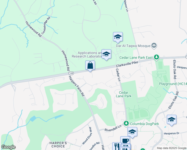 map of restaurants, bars, coffee shops, grocery stores, and more near 11025 Gaither Hunt Lane in Columbia