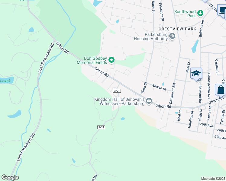 map of restaurants, bars, coffee shops, grocery stores, and more near 1 Mullins Drive in Parkersburg