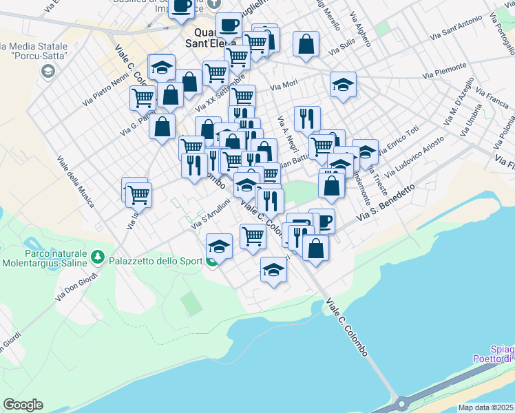 map of restaurants, bars, coffee shops, grocery stores, and more near 60 Via Panzini in Quartu Sant'Elena