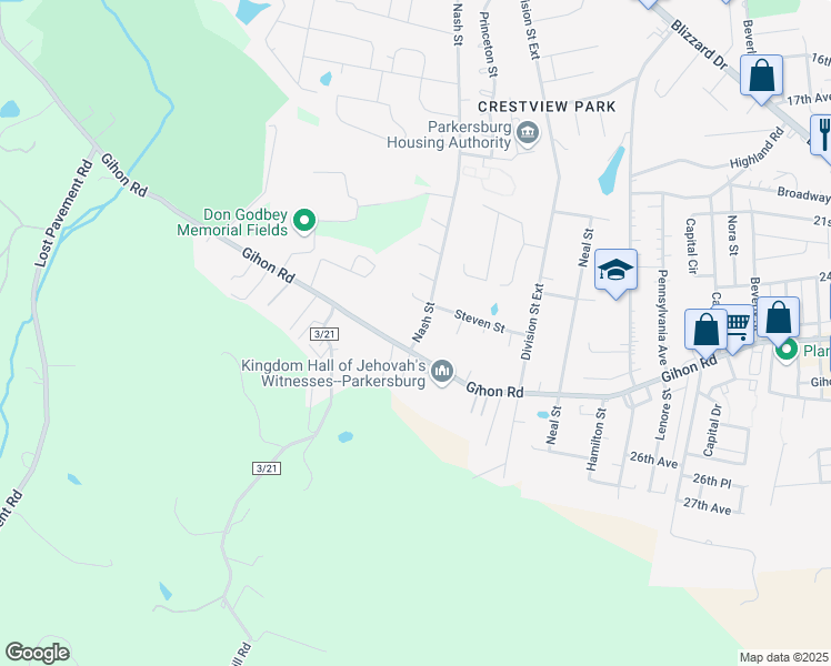 map of restaurants, bars, coffee shops, grocery stores, and more near 2500-2508 Nash St in Parkersburg