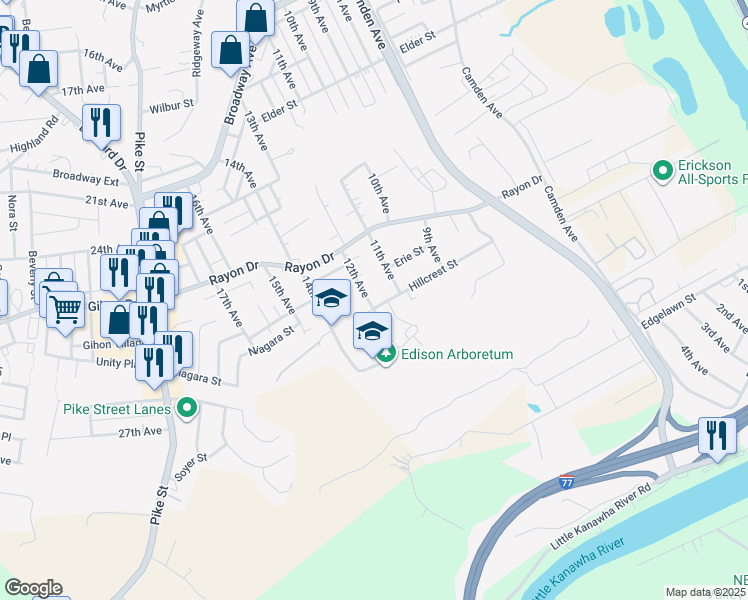 map of restaurants, bars, coffee shops, grocery stores, and more near 4429 12th Avenue in Parkersburg
