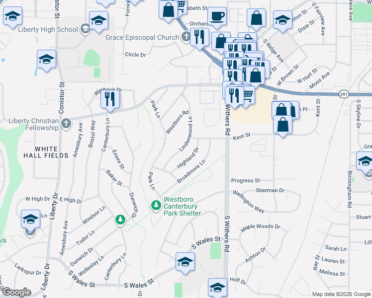 map of restaurants, bars, coffee shops, grocery stores, and more near 1013 Lindenwood Lane in Liberty