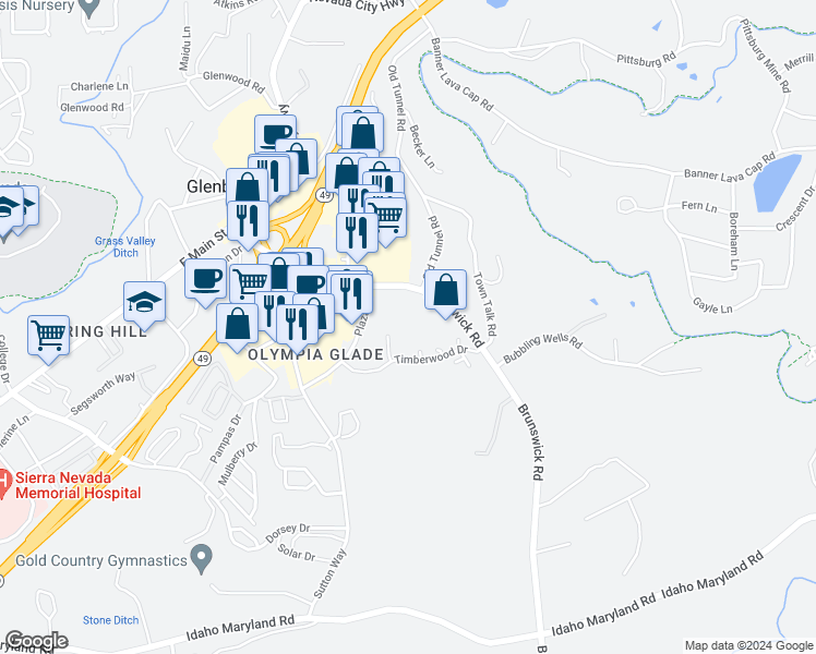 map of restaurants, bars, coffee shops, grocery stores, and more near 375 Brunswick Road in Grass Valley