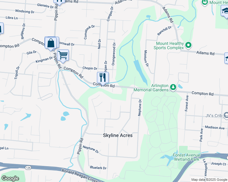 map of restaurants, bars, coffee shops, grocery stores, and more near 2430 Compton Road in Cincinnati