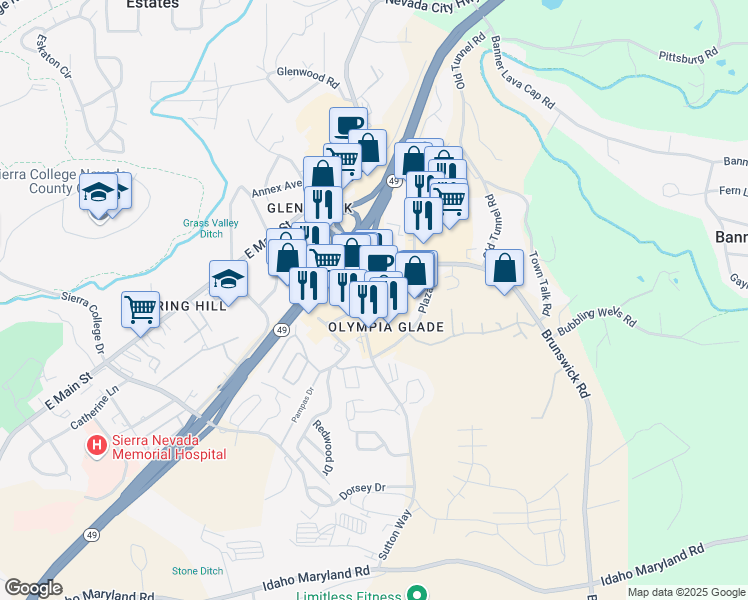 map of restaurants, bars, coffee shops, grocery stores, and more near 646 Sutton Way in Grass Valley