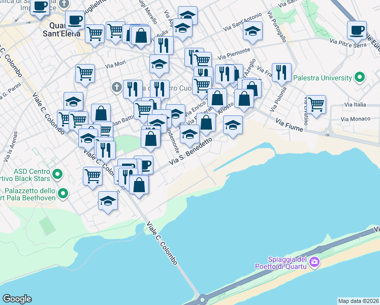 map of restaurants, bars, coffee shops, grocery stores, and more near Via Niccolò Machiavelli in Quartu Sant'Elena