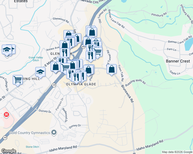 map of restaurants, bars, coffee shops, grocery stores, and more near 375 Brunswick Road in Grass Valley