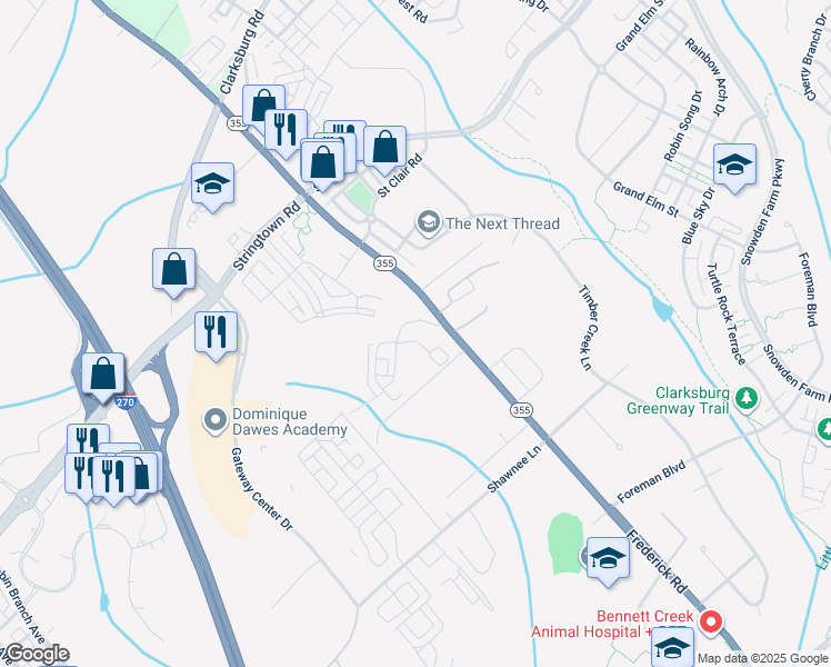 map of restaurants, bars, coffee shops, grocery stores, and more near 22931 Townsend Trail in Clarksburg