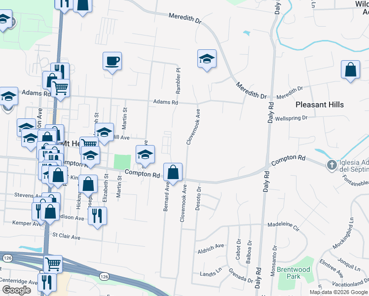 map of restaurants, bars, coffee shops, grocery stores, and more near 7701 Clovernook Avenue in Mount Healthy