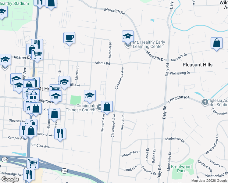 map of restaurants, bars, coffee shops, grocery stores, and more near 7701 Clovernook Avenue in Mount Healthy