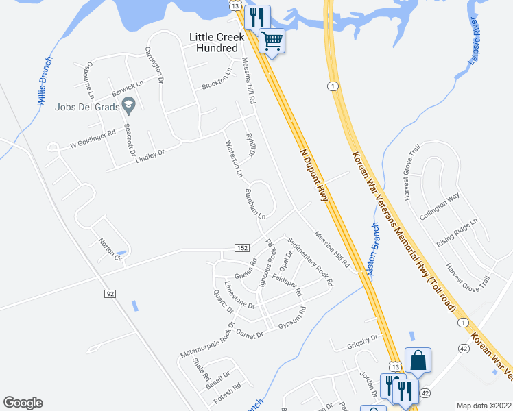 map of restaurants, bars, coffee shops, grocery stores, and more near 34 Burnham Lane in Dover