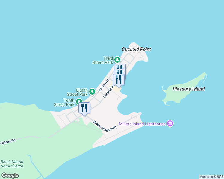 map of restaurants, bars, coffee shops, grocery stores, and more near 9015 Cuckold Point Road in Sparrows Point