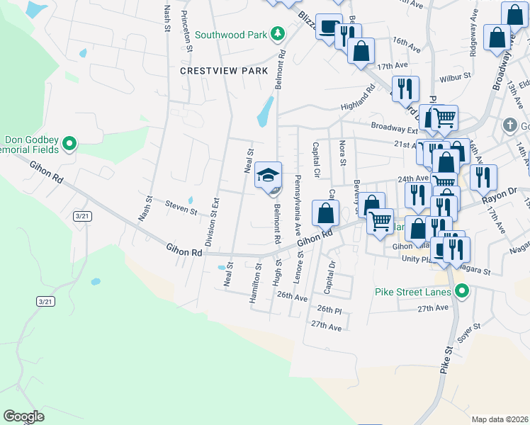 map of restaurants, bars, coffee shops, grocery stores, and more near 2112 Delaware Street in Parkersburg