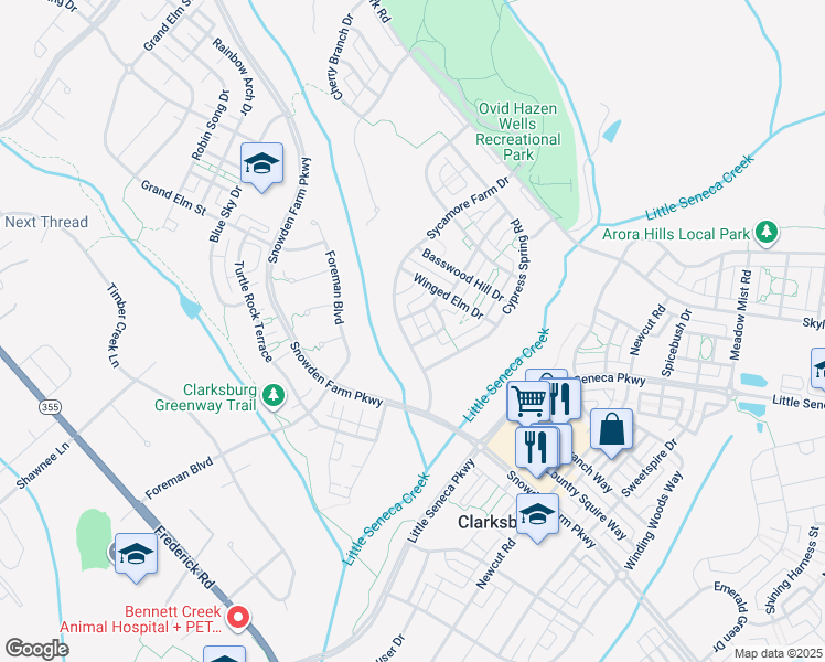 map of restaurants, bars, coffee shops, grocery stores, and more near 23025 Sycamore Farm Drive in Clarksburg