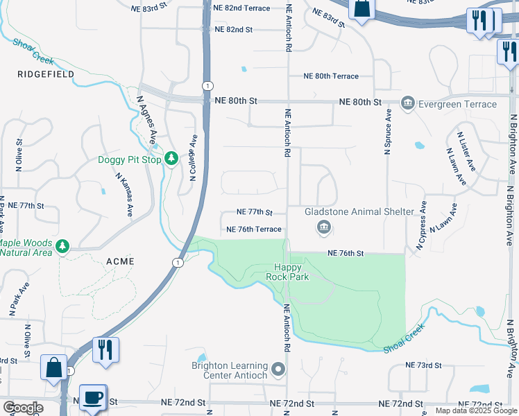 map of restaurants, bars, coffee shops, grocery stores, and more near 3700 Northeast 77th Street in Kansas City