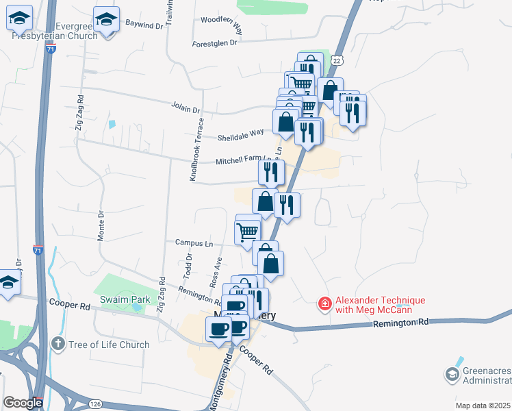 map of restaurants, bars, coffee shops, grocery stores, and more near 9838 Tollgate Lane in Cincinnati