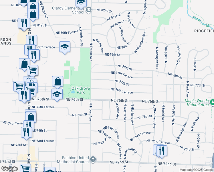 map of restaurants, bars, coffee shops, grocery stores, and more near 1207 Northeast 77th Street in Kansas City