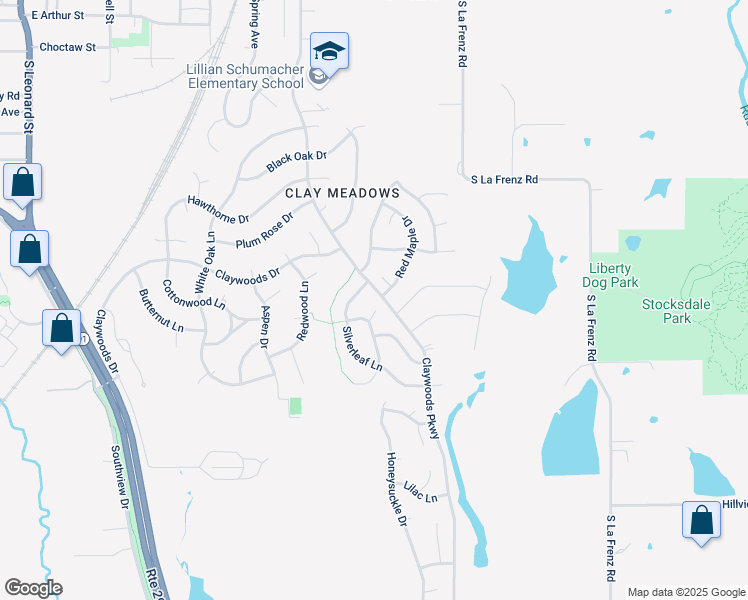 map of restaurants, bars, coffee shops, grocery stores, and more near 1016 Silverleaf Lane in Liberty