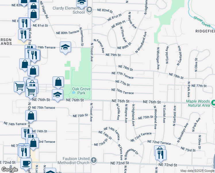 map of restaurants, bars, coffee shops, grocery stores, and more near 1207 Northeast 77th Street in Kansas City