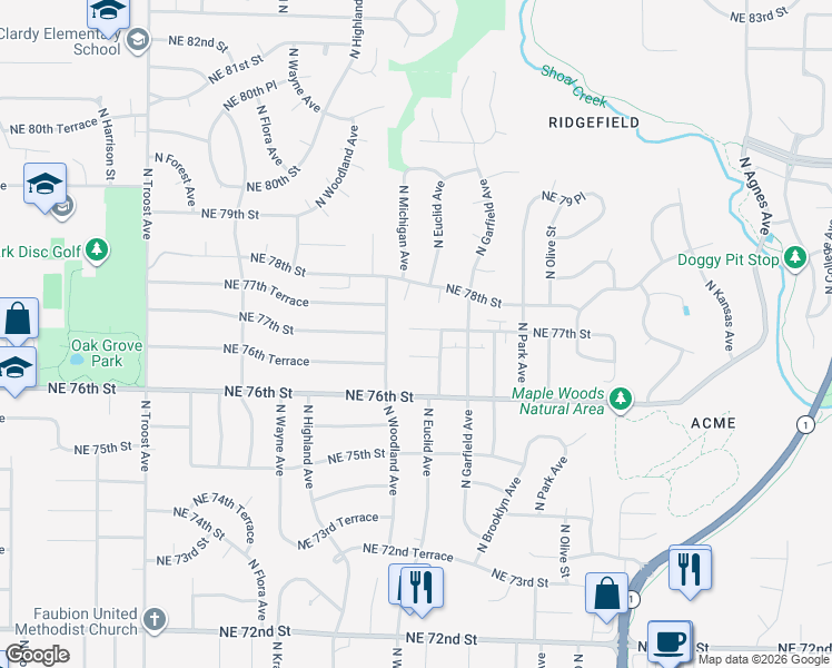 map of restaurants, bars, coffee shops, grocery stores, and more near 1921 Northeast 77th Street in Gladstone
