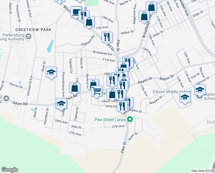 map of restaurants, bars, coffee shops, grocery stores, and more near 2213 Tygart St in Parkersburg