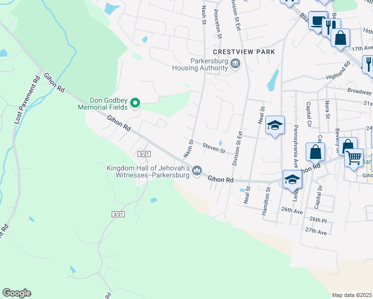map of restaurants, bars, coffee shops, grocery stores, and more near 2508 Nash St in Parkersburg
