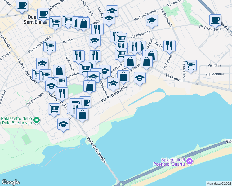 map of restaurants, bars, coffee shops, grocery stores, and more near Via Niccolò Machiavelli in Quartu Sant'Elena