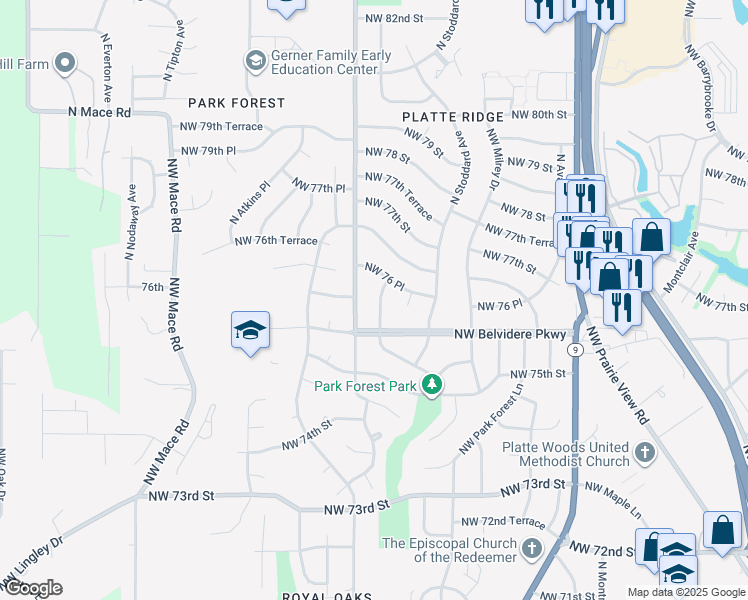 map of restaurants, bars, coffee shops, grocery stores, and more near 7625 North Congress Avenue in Kansas City