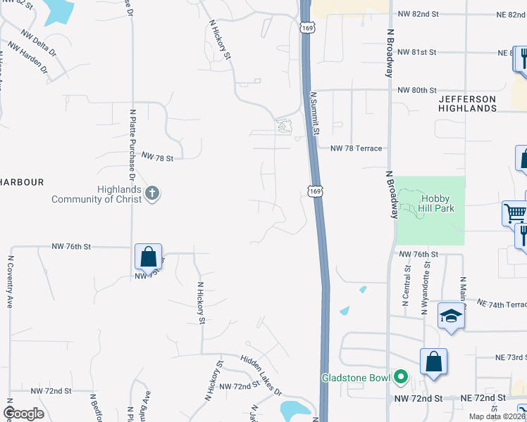 map of restaurants, bars, coffee shops, grocery stores, and more near 1211 Northeast 77th Street in Kansas City