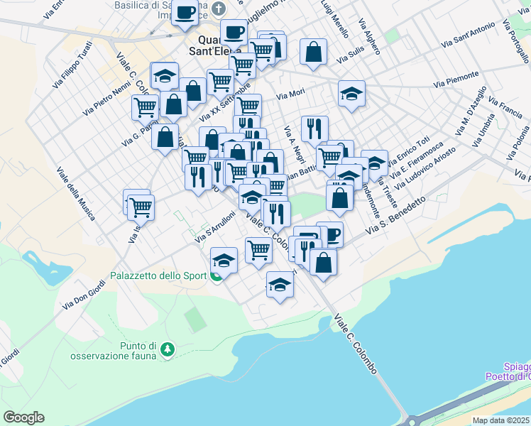 map of restaurants, bars, coffee shops, grocery stores, and more near 60 Via Panzini in Quartu Sant'Elena