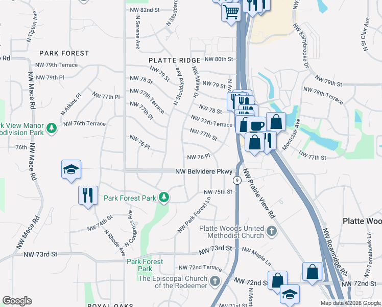 map of restaurants, bars, coffee shops, grocery stores, and more near 7629 Northwest Milrey Drive in Kansas City