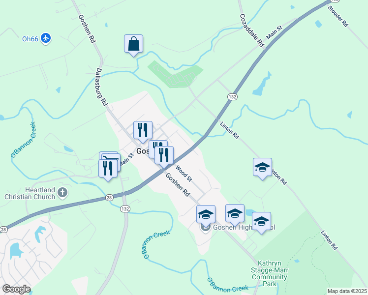 map of restaurants, bars, coffee shops, grocery stores, and more near 1887 Plum Street in Goshen