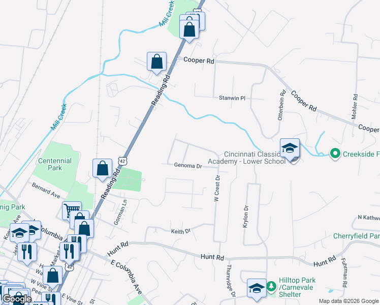map of restaurants, bars, coffee shops, grocery stores, and more near 276 Shirljune Drive in Cincinnati
