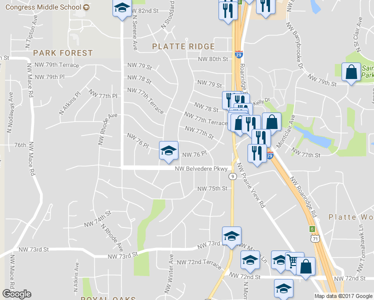 map of restaurants, bars, coffee shops, grocery stores, and more near 7629 Northwest Milrey Drive in Kansas City