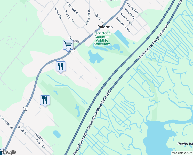 map of restaurants, bars, coffee shops, grocery stores, and more near 27 Harrys Court in Upper Township