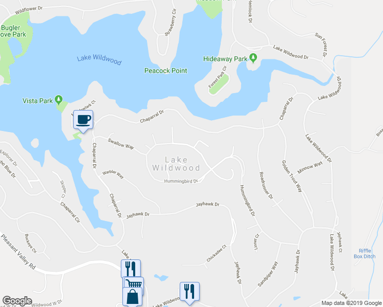 map of restaurants, bars, coffee shops, grocery stores, and more near 19096 Hummingbird Drive in Penn Valley