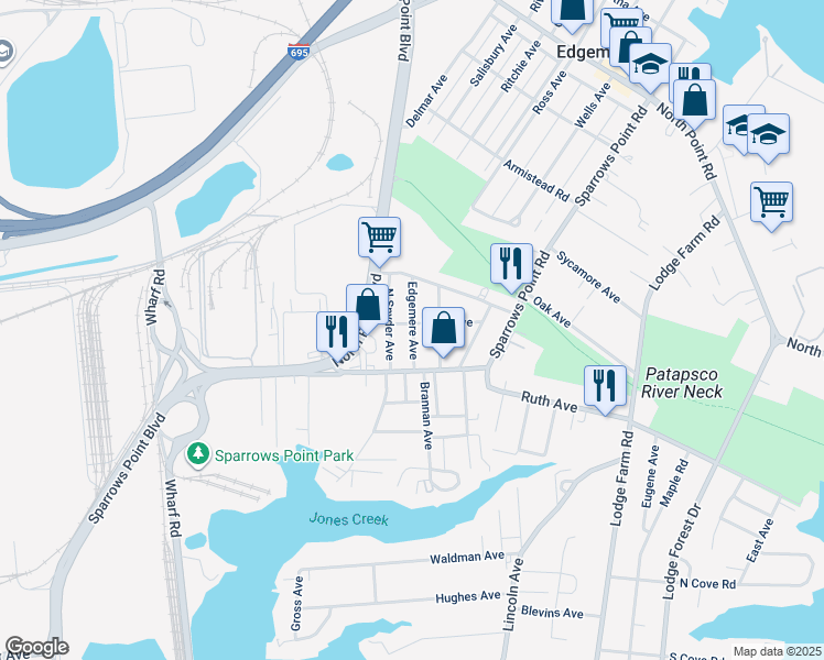 map of restaurants, bars, coffee shops, grocery stores, and more near 2636 Edgemere Avenue in Edgemere