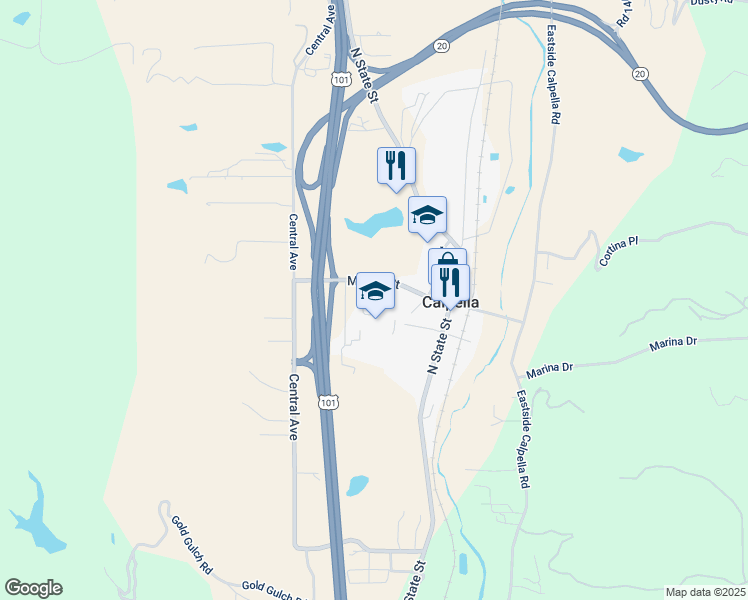 map of restaurants, bars, coffee shops, grocery stores, and more near 151 Moore Street in Ukiah