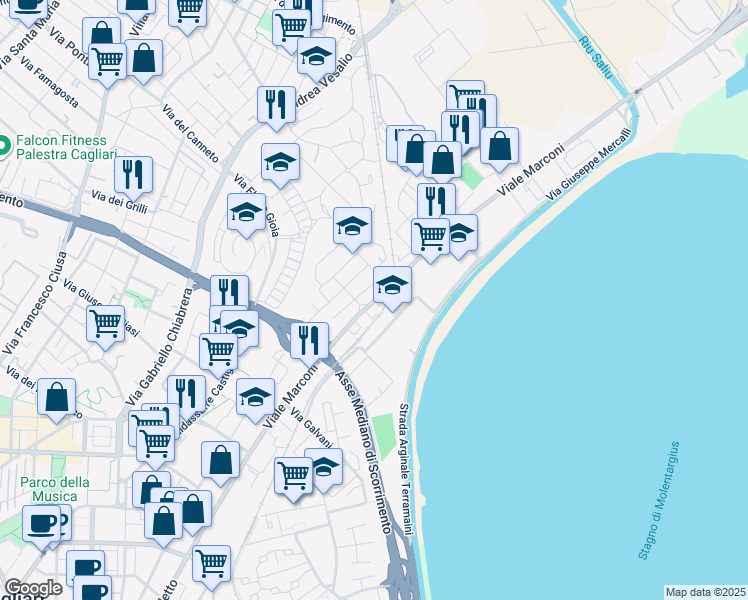 map of restaurants, bars, coffee shops, grocery stores, and more near 402 Viale Marconi in Cagliari
