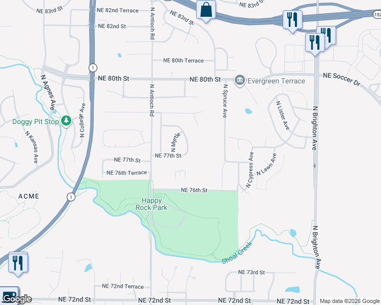 map of restaurants, bars, coffee shops, grocery stores, and more near 7705 North Norton Avenue in Kansas City