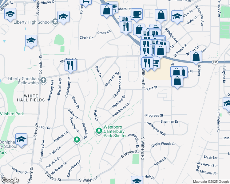 map of restaurants, bars, coffee shops, grocery stores, and more near 1224 Owens Drive in Liberty