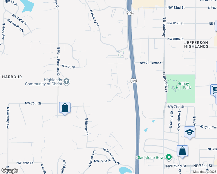 map of restaurants, bars, coffee shops, grocery stores, and more near 1211 Northeast 77th Street in Kansas City