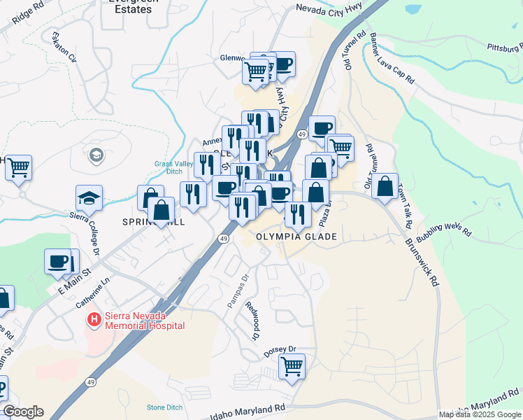 map of restaurants, bars, coffee shops, grocery stores, and more near 646 Sutton Way in Grass Valley