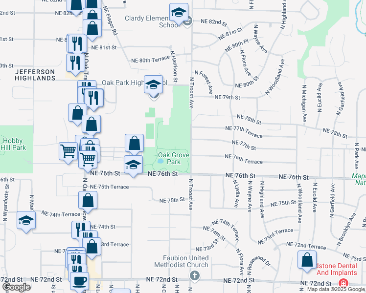 map of restaurants, bars, coffee shops, grocery stores, and more near 77th Street in Gladstone