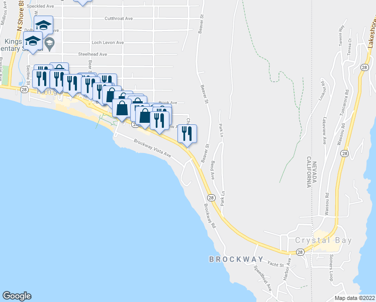 map of restaurants, bars, coffee shops, grocery stores, and more near N Lake Blvd & Chipmunk St in Kings Beach