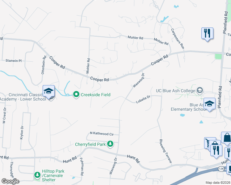 map of restaurants, bars, coffee shops, grocery stores, and more near 3580 Lobelia Drive in Cincinnati