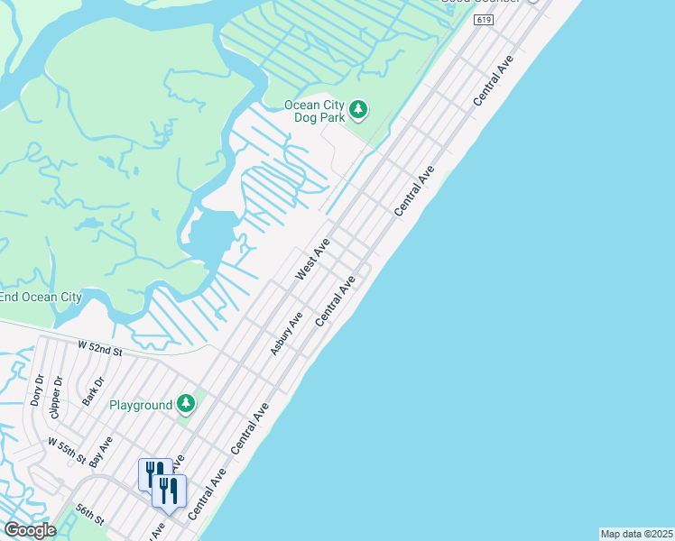map of restaurants, bars, coffee shops, grocery stores, and more near 401 48th Street in Ocean City