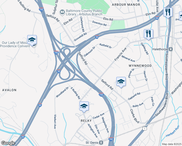 map of restaurants, bars, coffee shops, grocery stores, and more near 2 Fallen Tree Court in Halethorpe